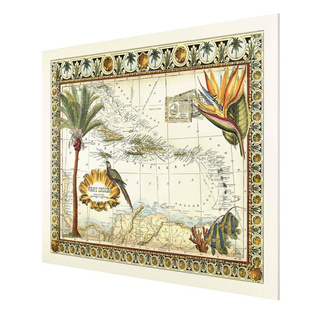 Tableau carte du monde Carte Vintage Tropicale Antilles