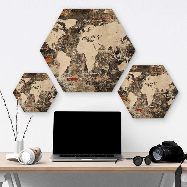 Hexagone en bois - Old Wall World Map