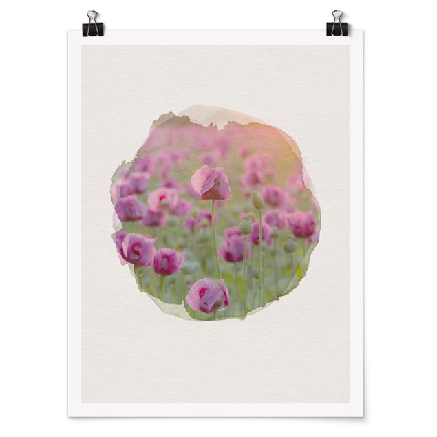 Tableaux fleurs Aquarelles - Champ de coquelicots violets au printemps