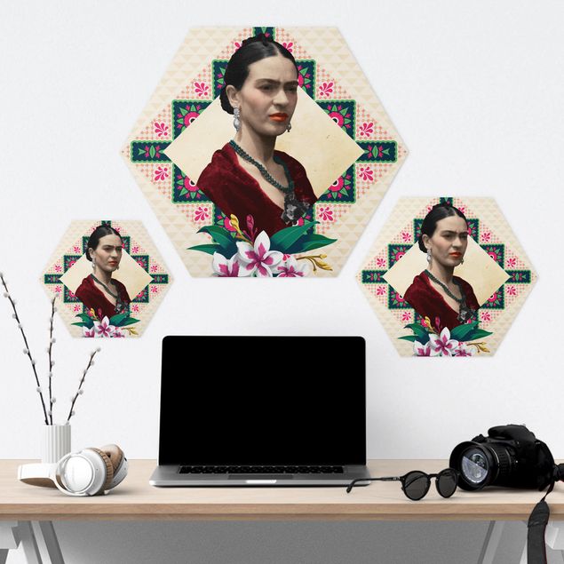 Hexagone en alu Dibond - Frida Kahlo - Flowers And Geometry