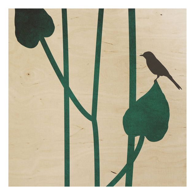 Tableaux en bois avec fleurs Monde végétal graphique - Oiseau sur une feuille