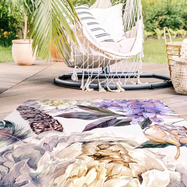tapis terrasse Motif floral délicat de plumes à l'aquarelle boho