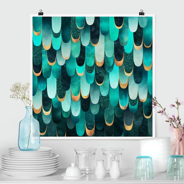 Tableaux modernes Plumes Or Turquoise