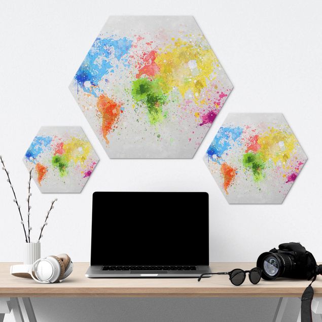 Hexagone en alu Dibond - Colourful Splodges World Map
