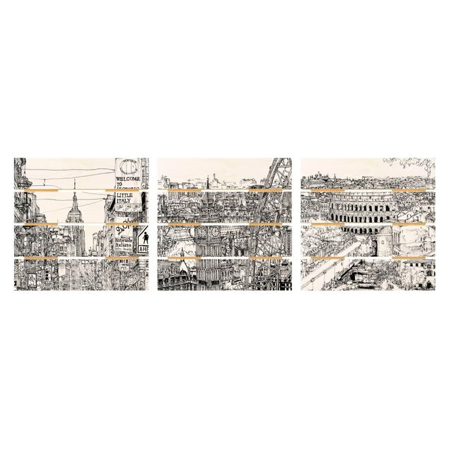 Impression sur bois - City Studies - New York - London - Rome