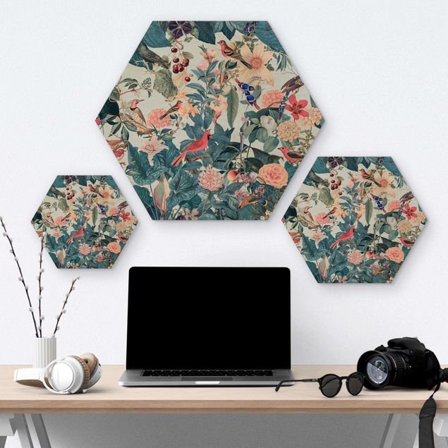 Hexagon Picture Wood - Vintage Collage - Bird Garden