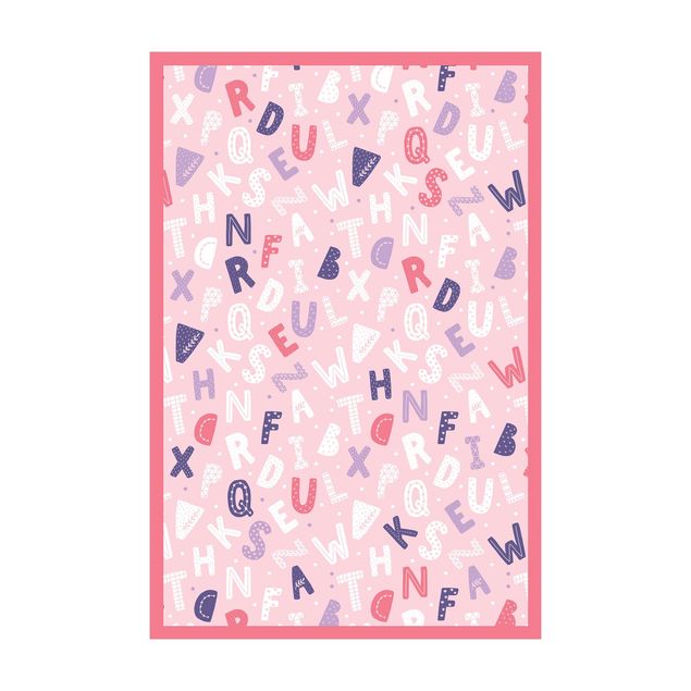 tapis grande taille Alphabet à pois et cœurs en rose clair avec cadre