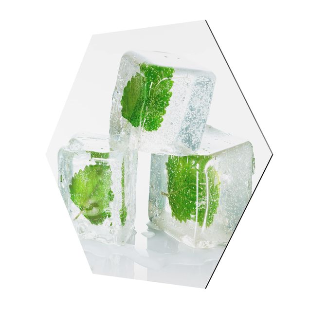 Hexagone en alu Dibond - Three Ice Cubes With Lemon Balm
