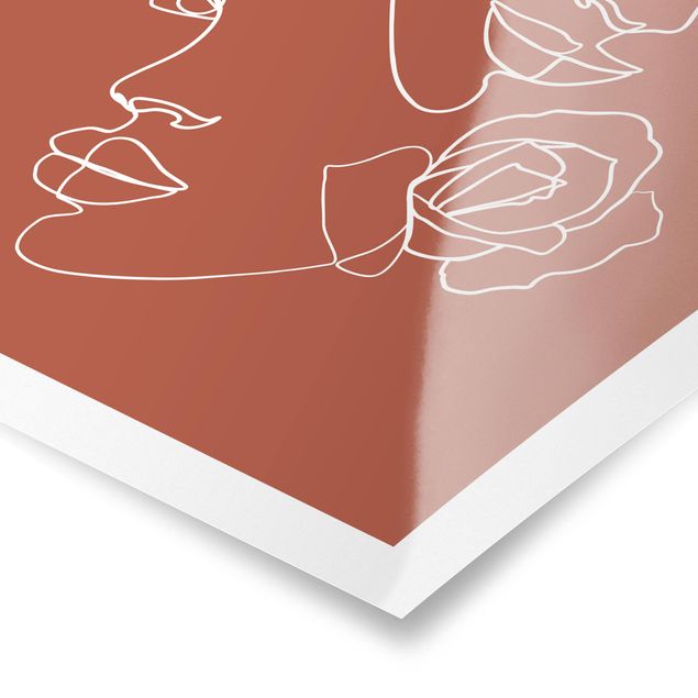 Tableau rouge Line Art Visages Femmes Roses Cuivre