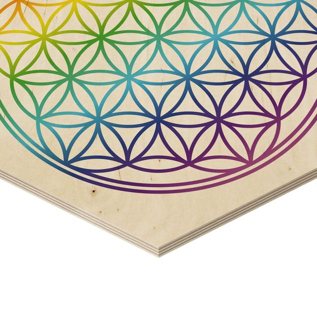 Hexagone en bois - Flower of Life rainbow color