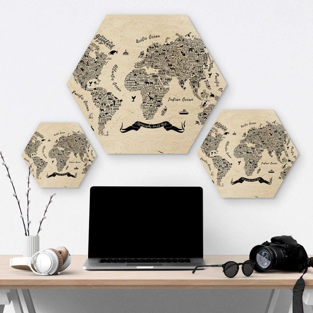 Hexagone en bois - Typography World Map White