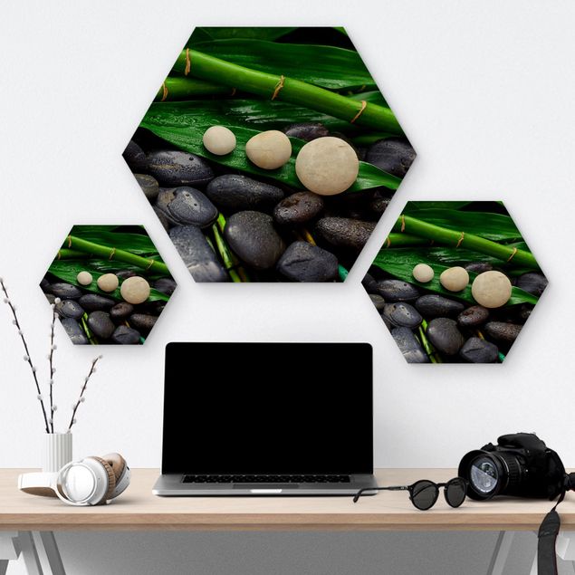 Tableaux en bois Bambou vert avec pierres zen