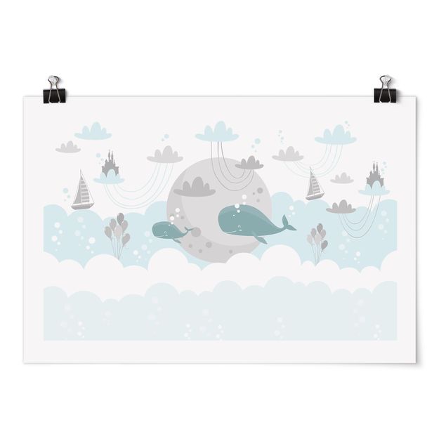 Cadre animaux Nuages avec baleine et château