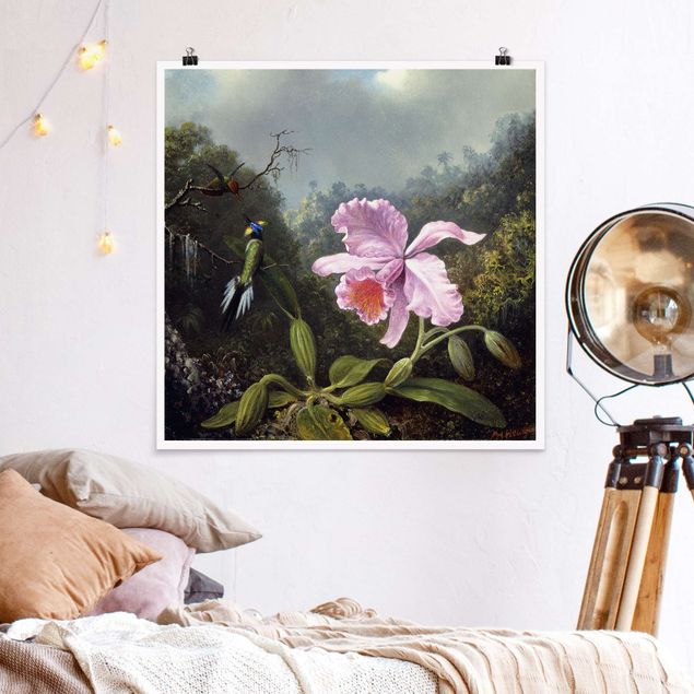 Déco murale cuisine Martin Johnson Heade - Nature morte avec une orchidée et un couple de colibris