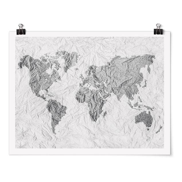 Tableaux carte du monde Carte du Monde en Papier Blanc Gris