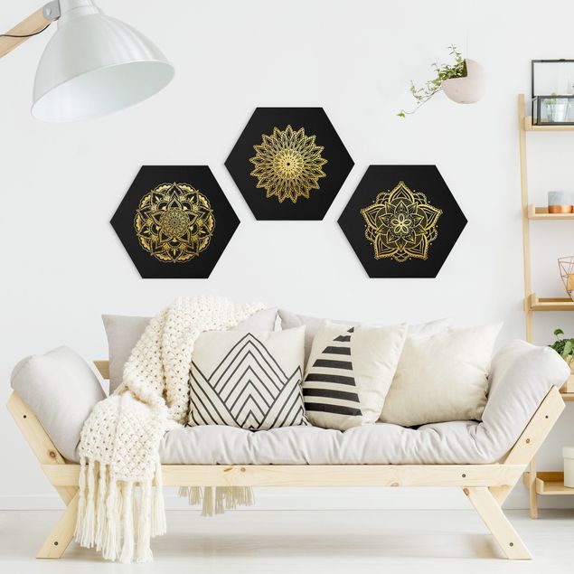 Tableaux modernes Mandala Flower Sun Illustration Set Black Gold