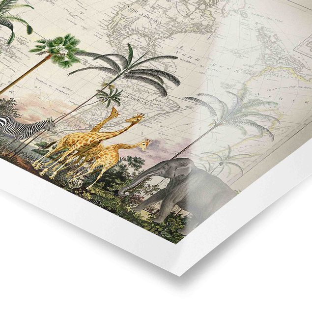 Tableaux de Andrea Haase Collage Vintage - Faune et flore sur carte du monde
