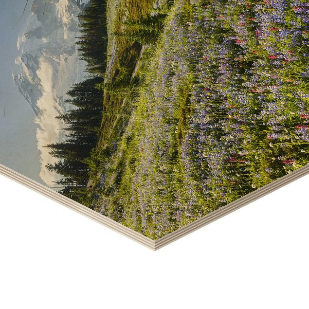 Hexagone en bois - Mountain Meadow With Red Flowers in Front of Mt. Rainier