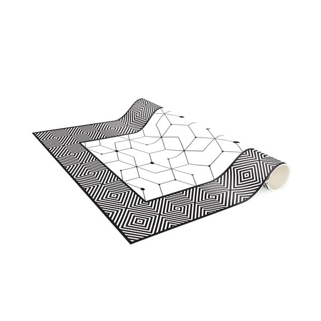 tapis d entrée long Carreaux géométriques lignes pointillées noir et blanc avec bordure