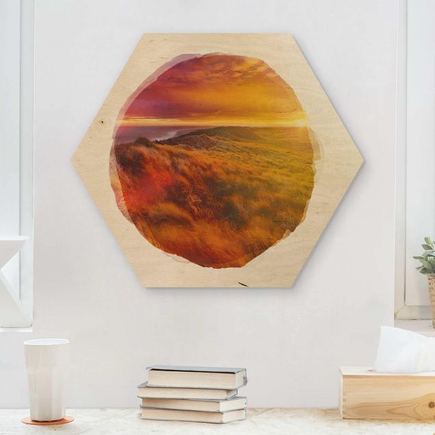 Tableaux en bois avec paysage Aquarelles - Lever de soleil sur la plage de Sylt