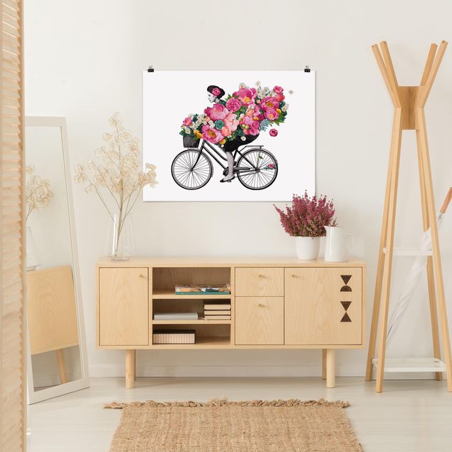 tableaux floraux Illustration Femme à Bicyclette Collage Fleurs Colorées