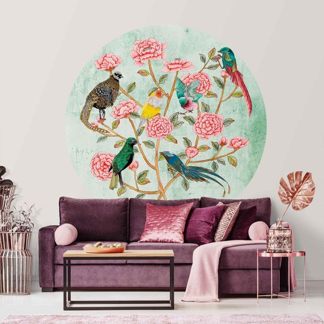 Papier peint fleur rose Collage de Chinoiserie en menthe II