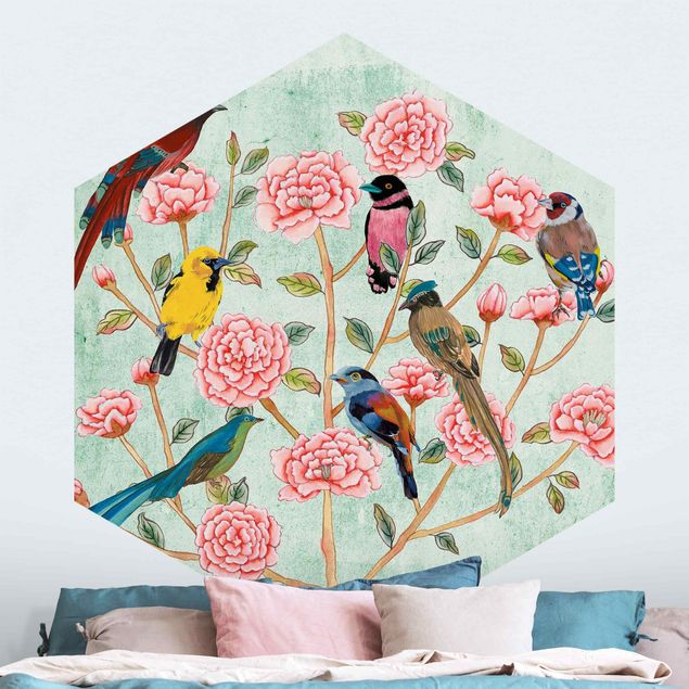 Papier peint roses Collage de Chinoiserie en menthe