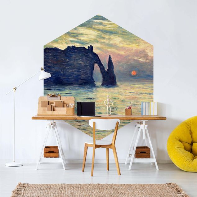 Papiers peints bord de mer Claude Monet - La falaise, Étretat, coucher de soleil