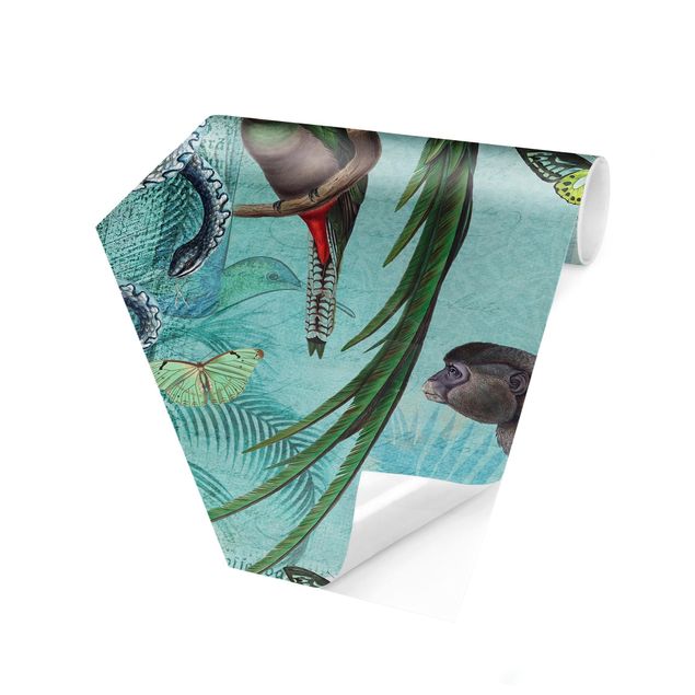 Papier peint floral Collage de style colonial - Singes et oiseaux de paradis