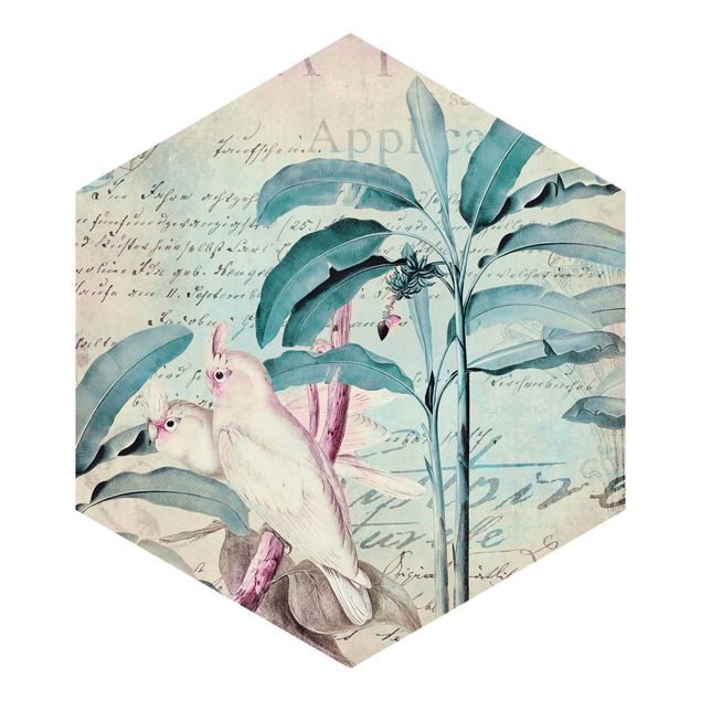 Papier peint turquoise Colonial Style Collage - Cacatoès et Palmiers