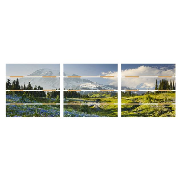 Tableaux de Rainer Mirau Mountain Meadow With Blue Flowers in Front of Mt. Rainier