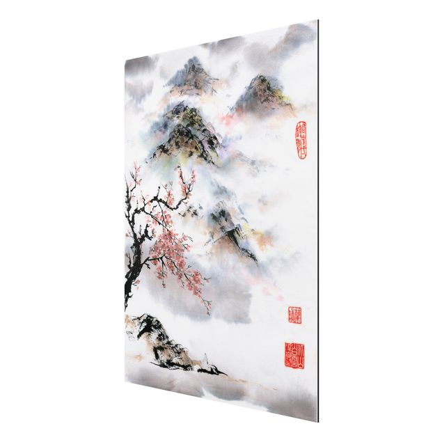 Tableau arbre Dessin aquarelle japonais Cerisier et montagnes