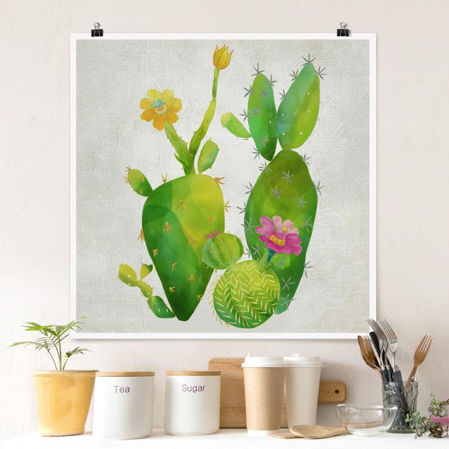 Tableau moderne Famille de cactus en rose et jaune