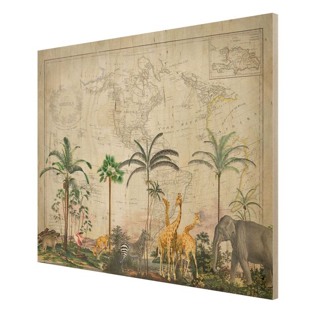 Tableau vintage bois Collage Vintage - Faune et flore sur carte du monde