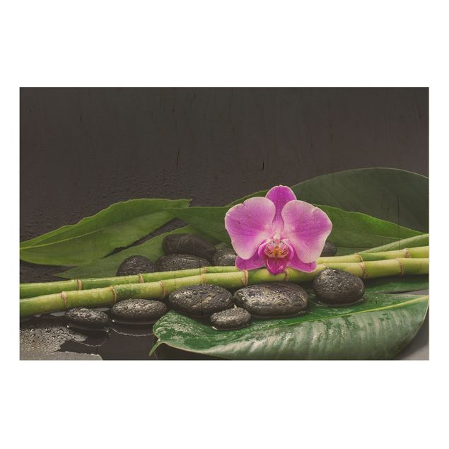 Tableaux en bois avec fleurs Bambou vert avec fleur d'orchidée
