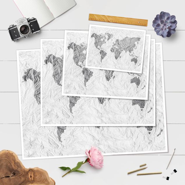 Poster - Paper World Map White Grey