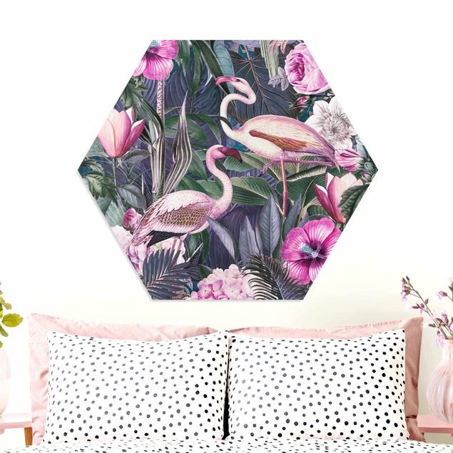 Déco murale cuisine Collage coloré - Flamants roses dans la jungle