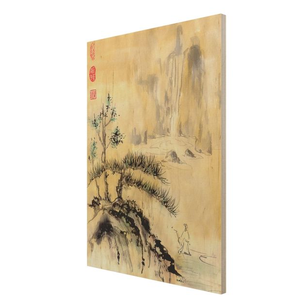 Tableau vintage bois Dessin aquarelle japonais Cèdres et montagnes