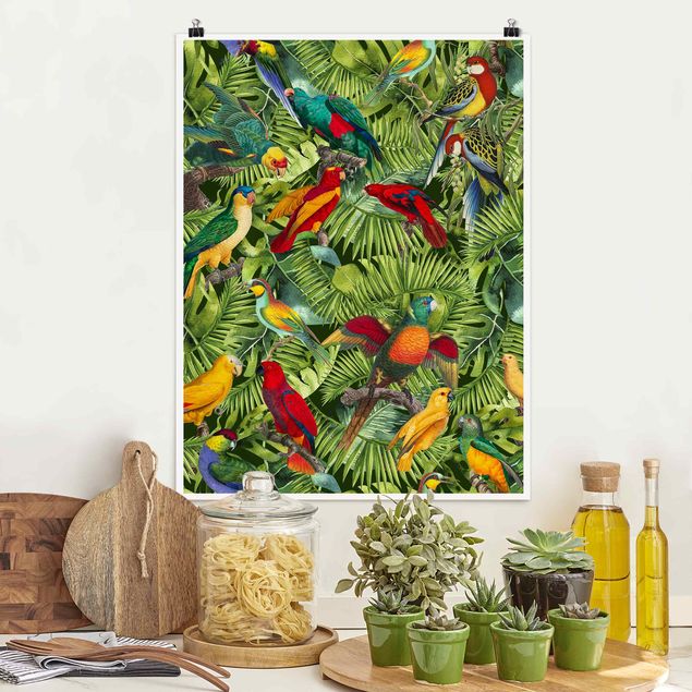 Déco mur cuisine Collage coloré - Perroquets dans la jungle