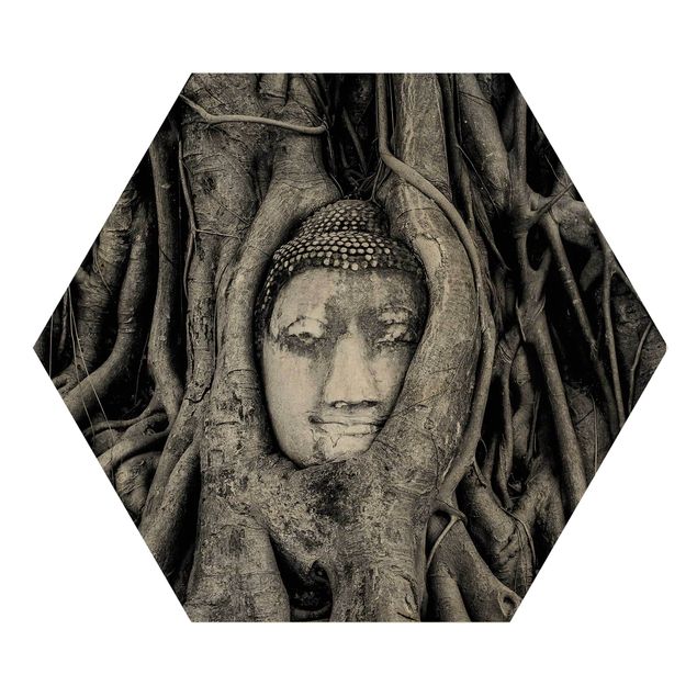 Hexagone en bois - Buddha In Ayutthaya Lined From Tree Roots In Black And White