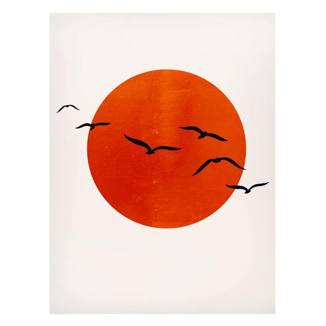 Tableau paysages Volée d'oiseaux devant le soleil rouge I