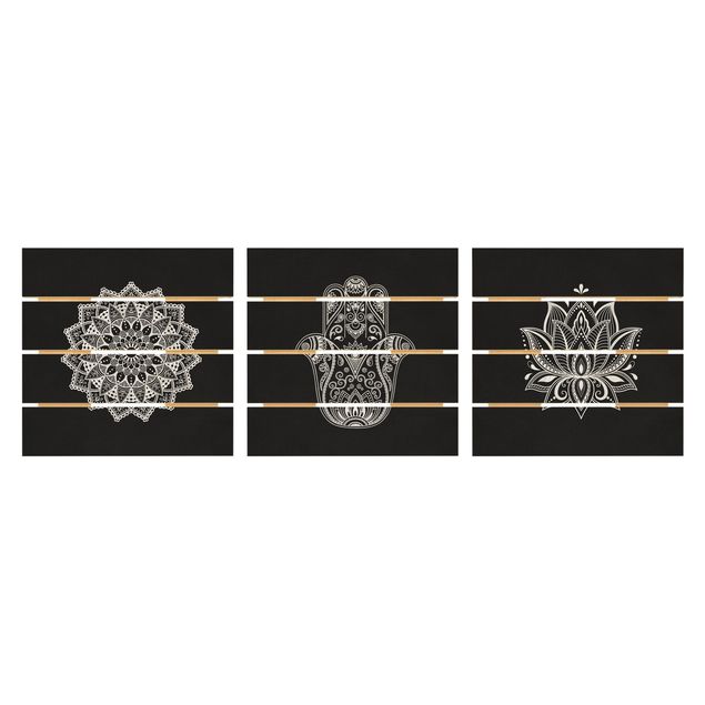 Impression sur bois - Mandala Hamsa Hand Lotus Set On Black
