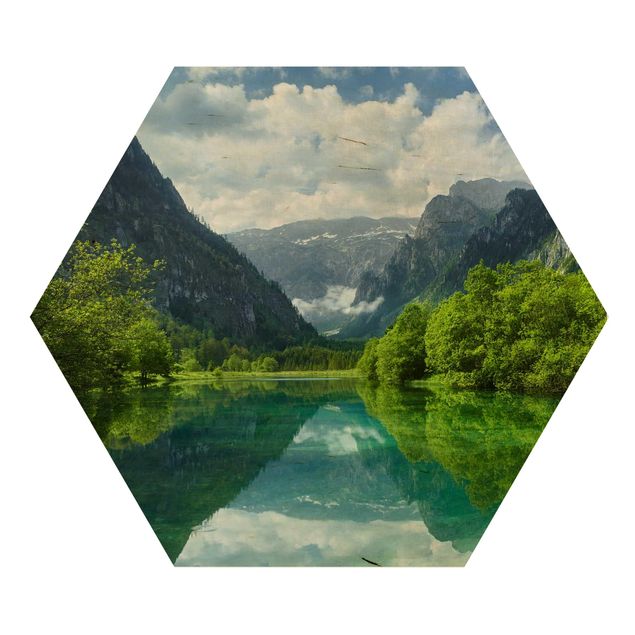 Tableaux en bois Lac de montagne avec reflet de l'eau