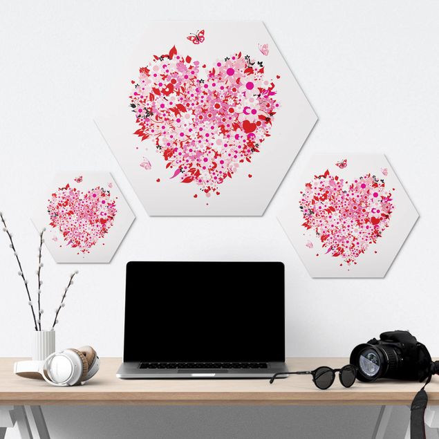 Hexagone en alu Dibond - Floral Retro Heart