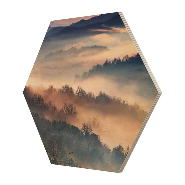 Hexagone en bois - Fog At Sunset