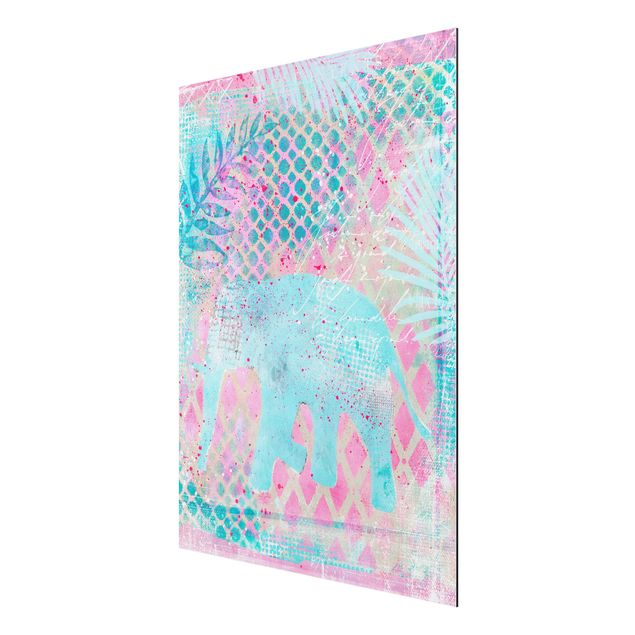 Tableau éléphant Collage coloré - Eléphant en bleu et rose