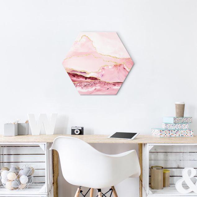 Tableaux moderne Abstract Mountains Pink With Golden Lines