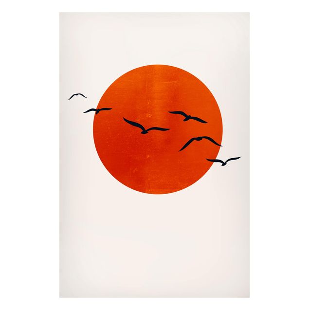 Tableau paysages Volée d'oiseaux devant le soleil rouge I