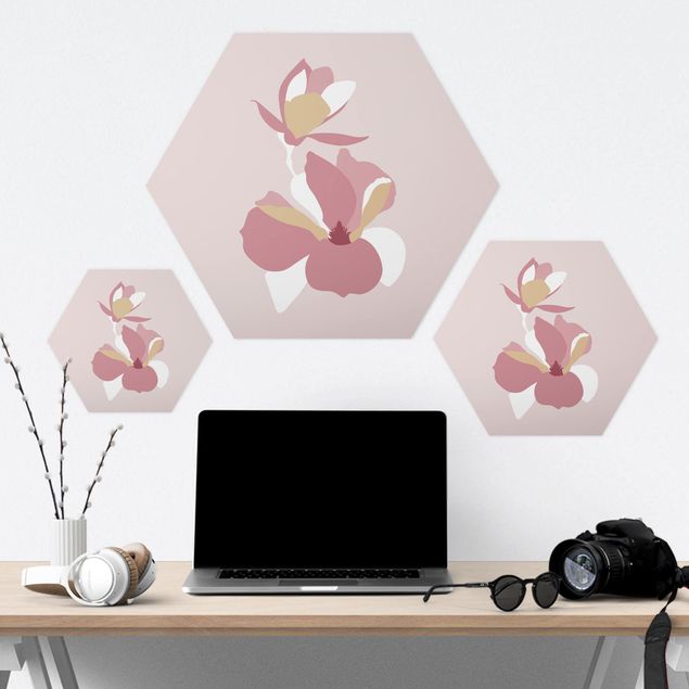 Tableau hexagonal Line Art Fleurs rose pastel
