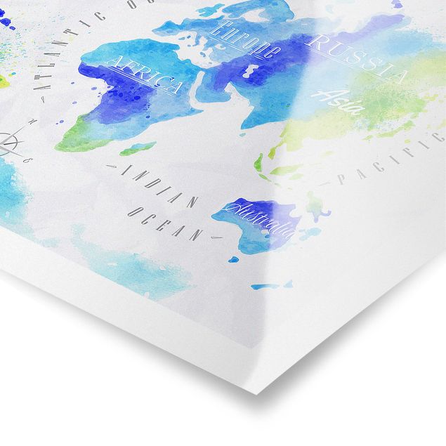 Tableau vert Carte du Monde Aquarelle Bleu Vert